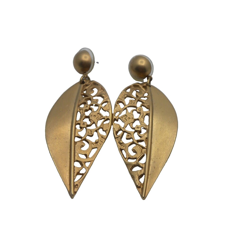 Vintage Gold Tone Leaf Earrings Dangle Filigree Pierced Boho Whimsigoth Nature